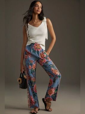 FARM Rio Blue Floral Straight-Leg Pants with Pink & Green Blooms